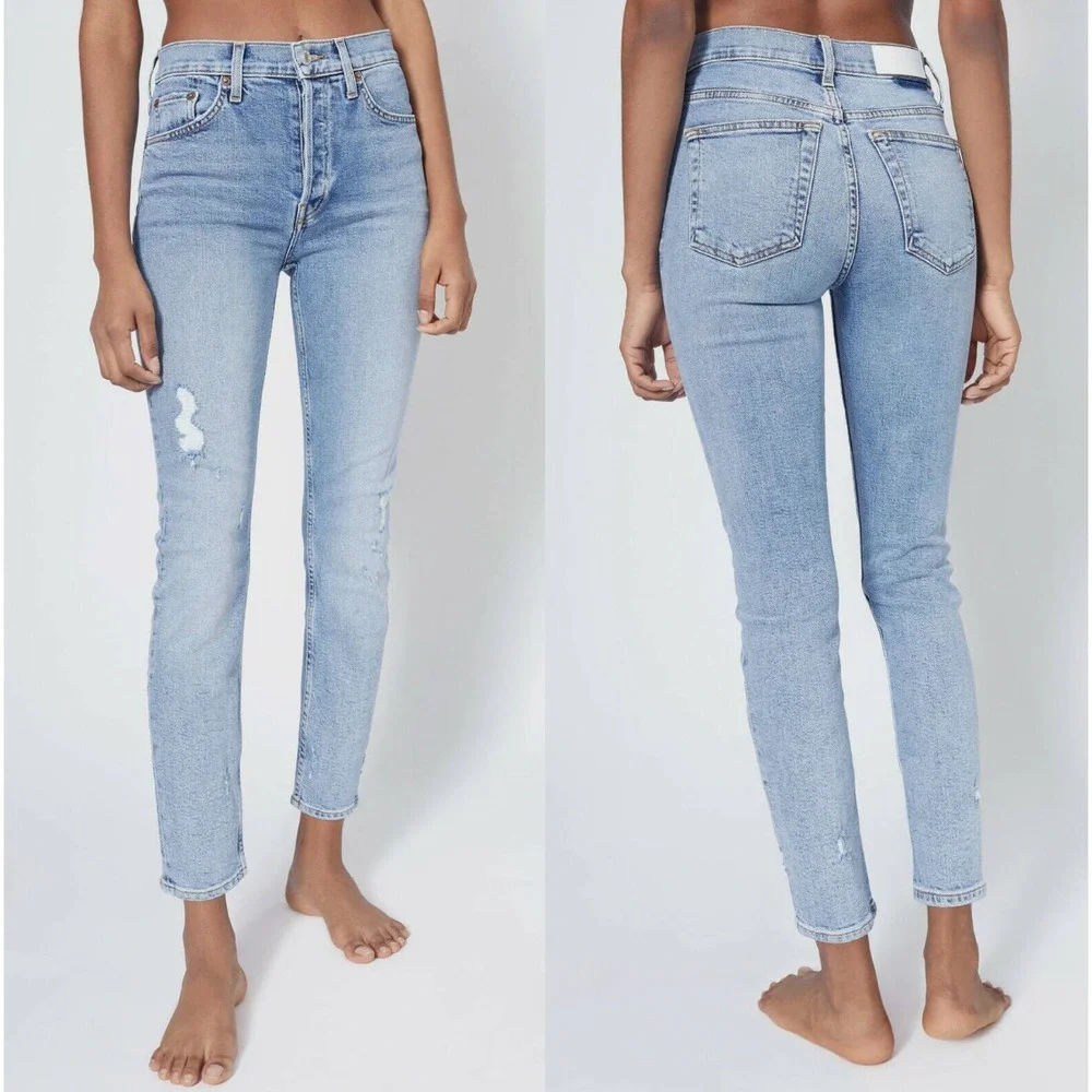 RE/DONE High Rise Ankle Crop Skinny Denim Jeans Blue Distressed Size 31